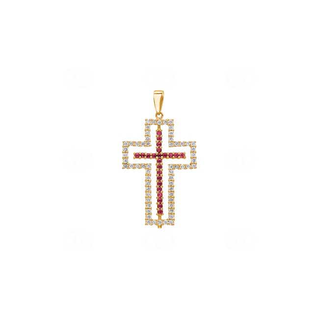 Cross Pendant 750/18 K Yellow Gold with Rubies & Diamonds 0.61 ct H/si - AN-26143-RUB-GG
