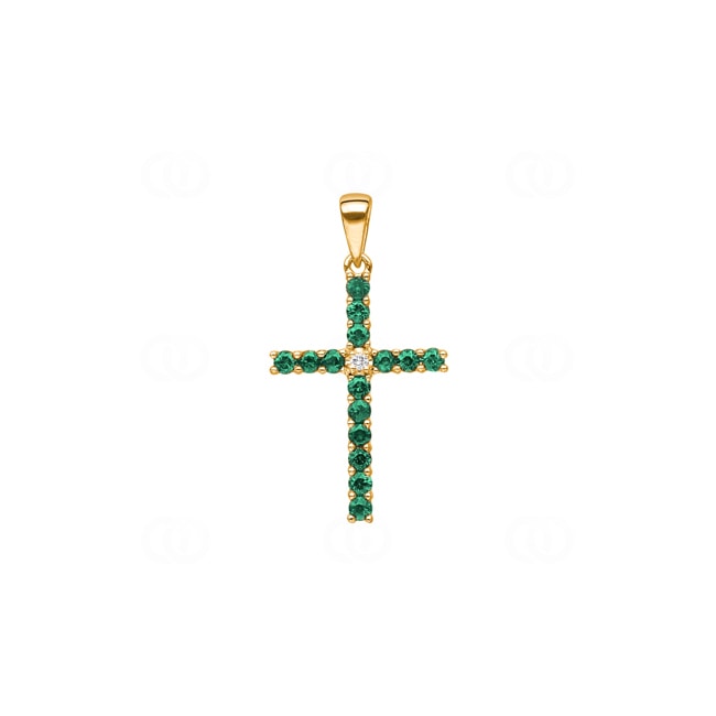 Cross Pendant 750/18 K Yellow Gold with Emeralds & Diamond 0.01 ct H/si Cross Pendant 750/18 K Yellow Gold with Emeralds & Diamond 0.01 ct H/si - AN-45149-SMA-GG