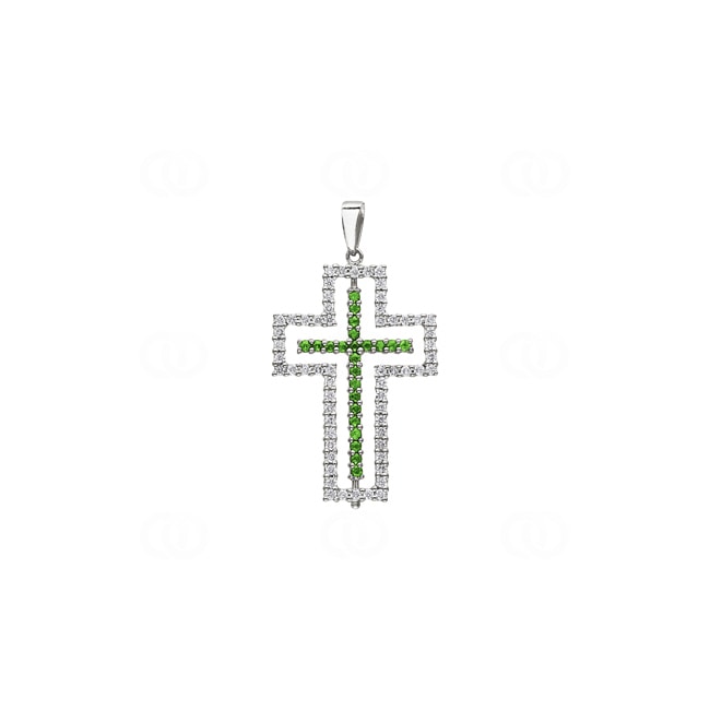 Pendentif croix or gris 750/18 ct avec grenats vert & diamants 0.61 ct H/si - AN-26143-TSA-WG