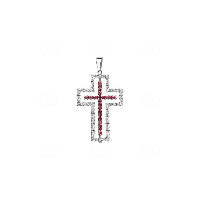 Pendentif croix or gris 750/18 ct avec rubis & diamants 0.61 ct H/si - AN-26143-RUB-WG