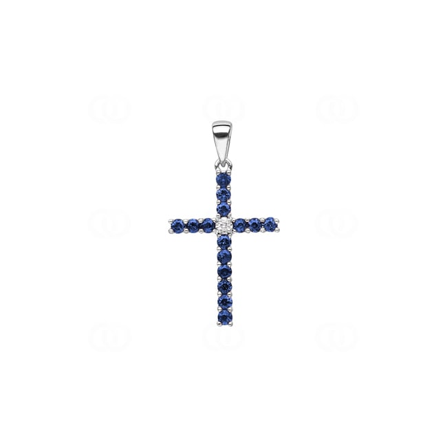 Cross Pendant 750/18 K White Gold with Sapphires & Diamond 0.01 ct H/si - AN-45149-SAF-WG