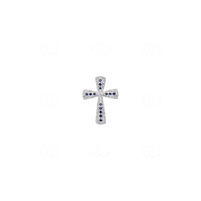Cross Pendant 750/18 K White Gold with Sapphires & Diamonds 0.08 ct H/si - AN-47189-SAF-WG