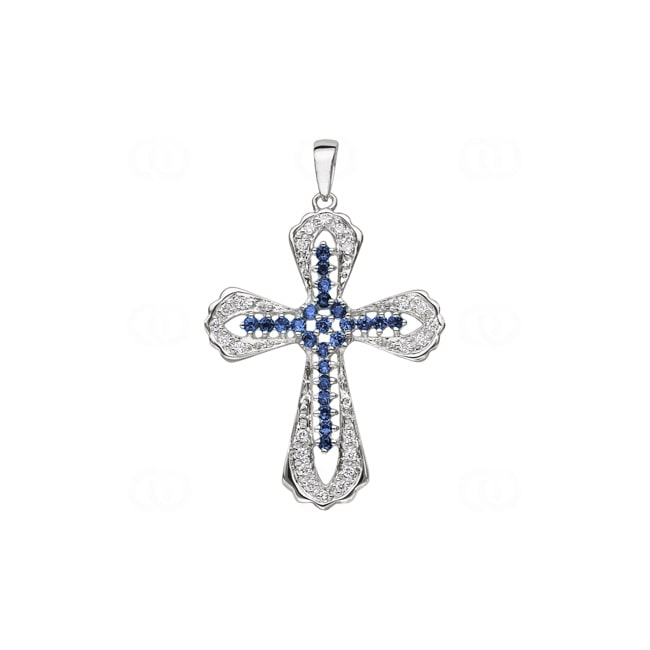 Pendentif croix or gris 750/18 ct avec saphirs & diamants 0.15ct H/si - AN-27707-SAF-WG
