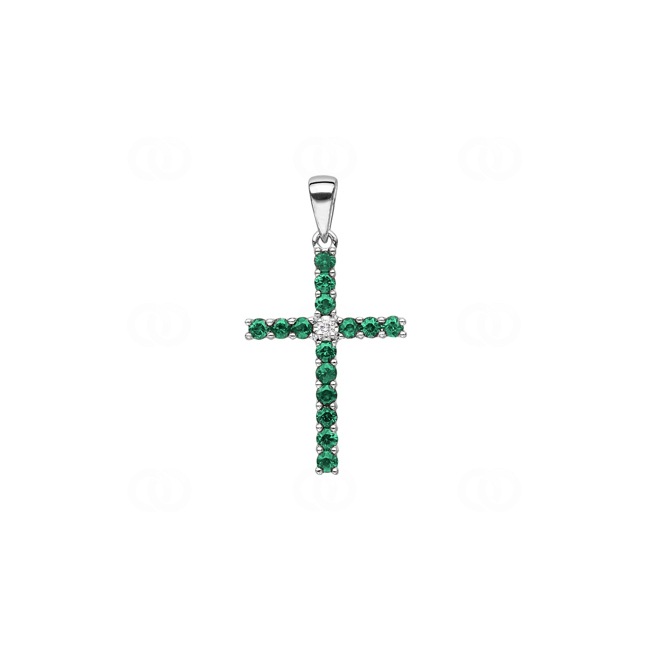 Cross Pendant 750/18 K White Gold with Emeralds & Diamond 0.01 ct H/si - AN-45149-SMA-WG