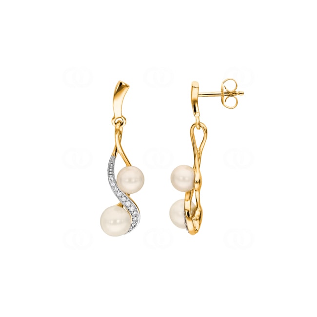 Ohrhänger 750/18 K Gelbgold mit Diamanten 0.13 ct H/si & Süsswasserzuchtperlen - PE04209-1-GG
