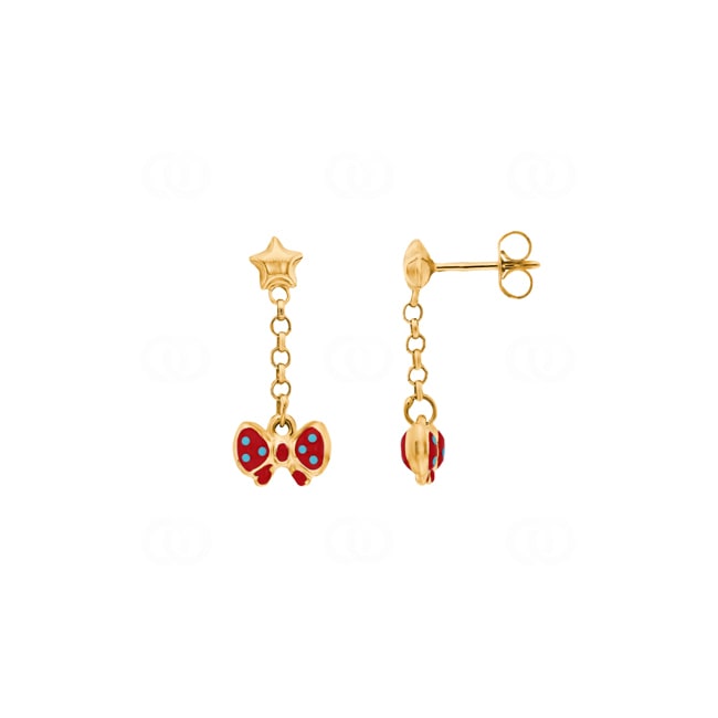 Drop Earrings 750/18 K Yellow Gold with red Lacquer, Butterfly - 17673