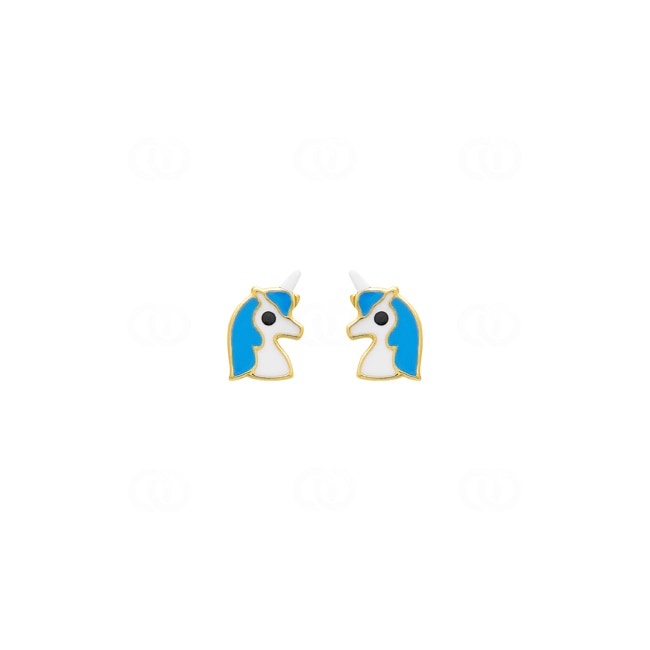 Clous d'oreilles or jaune 375/9 ct Licorne laqué bleu / blanche - 9K8573.1V