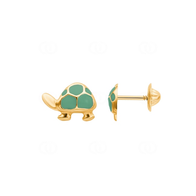 Stud Earrings 375/9 K Yellow Gold Turtles with green Lacquer - 650087