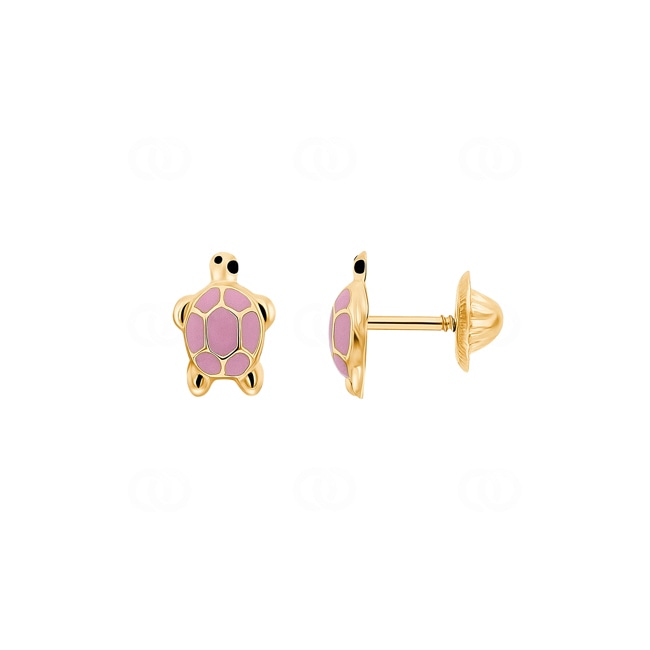 Stud Earrings 375/9 K Yellow Gold Turtles with pink Lacquer - 650088