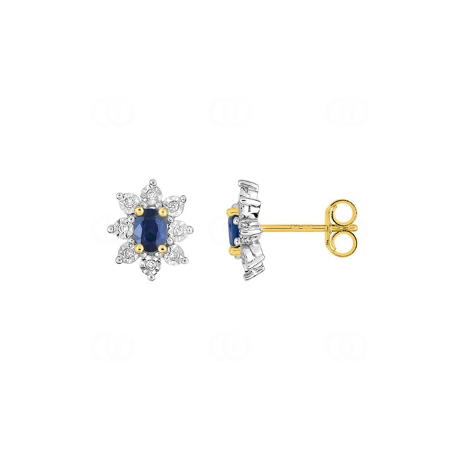 Clous d'oreilles or jaune 750/18 ct bicolore avec saphirs ovales & diamants 0.06 ct - 2.7331.S3