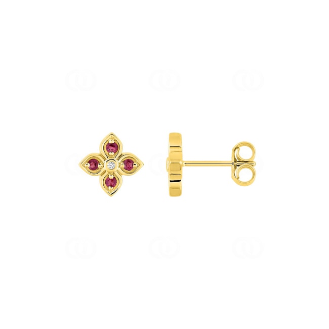 Ohrstecker 750/18 K Gelbgold Blumen mit Rubinen & Diamanten 0.01 ct - 2.7355.R0