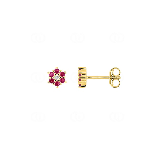 Stud Earrings 750/18 K Yellow Gold Flowers with Rubies & Diamonds 0.02 ct - 2.7381.R0