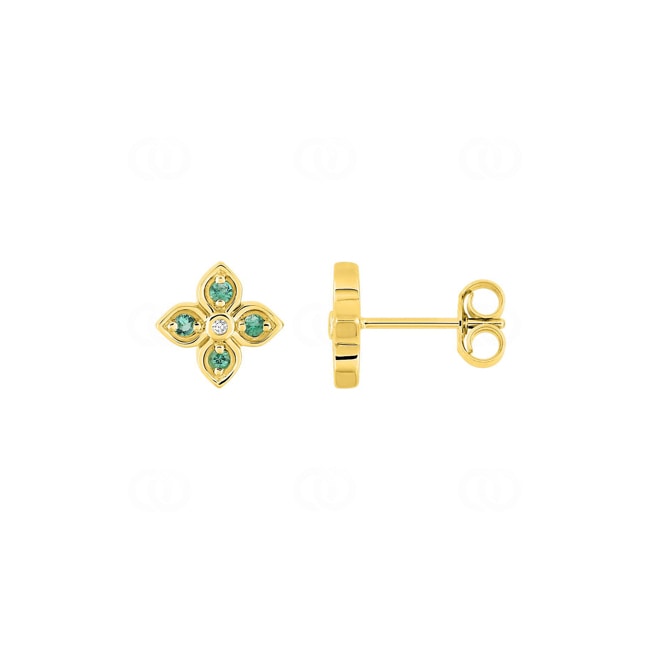 Ohrstecker 750/18 K Gelbgold Blumen mit Smaragden & Diamanten 0.01 ct - 2.7355.E0
