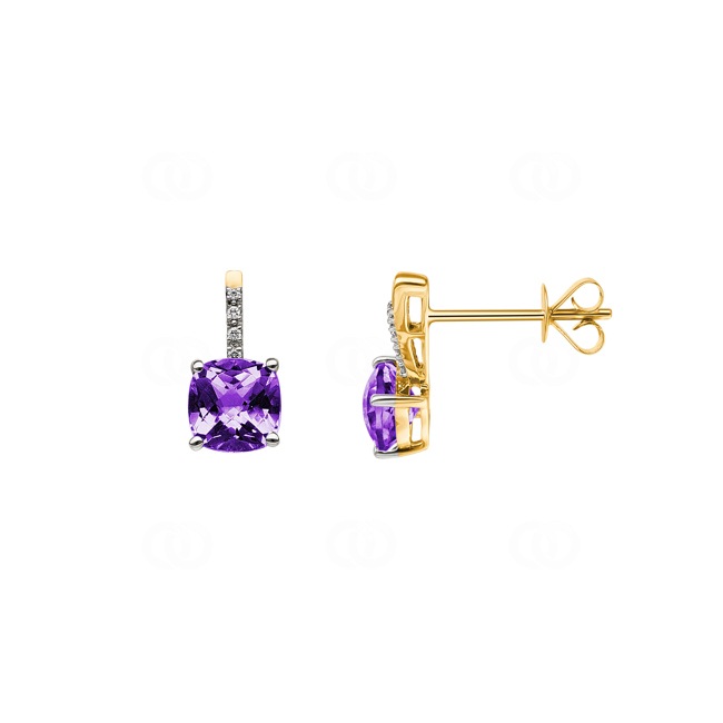 Clous d'oreilles or jaune 750/18 ct avec améthyste coussin et diamants 0.02 ct H/si Clous d'oreilles or jaune 750/18 ct avec améthyste coussin et diamants 0.02 ct H/si - OR-48526-AME-GG
