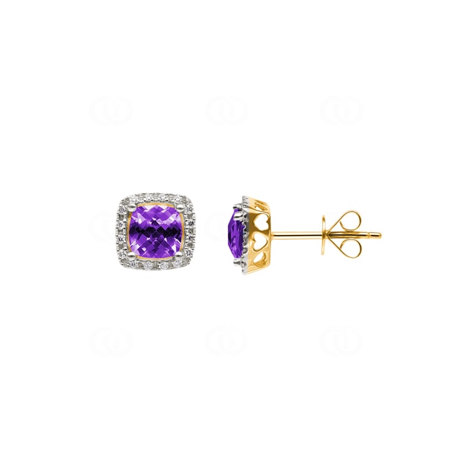Ohrstecker 750/18 K Gelbgold mit Amethyst Kissen und Diamanten 0.10 ct H/si - OR-47242-AME-GG