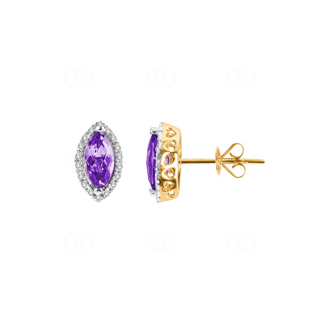 Stud Earrings 750/18 K Yellow Gold with Amethyst and Diamonds 0.11 ct H/si - OR-47272-AME-GG
