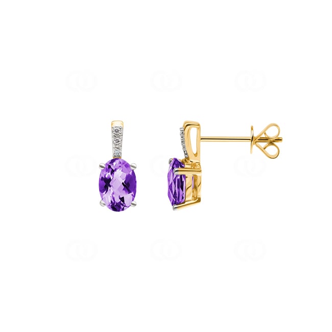 Stud Earrings 750/18 K Yellow Gold with oval Amethyst and Diamonds 0.02 ct H/si - OR-48550-AME-GG