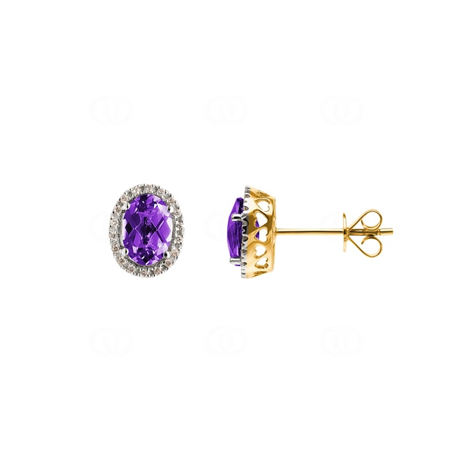 Clous d'oreilles or jaune 750/18 ct avec améthyste ovale et diamants 0.10 ct H/si - OR-47252-AME-GG