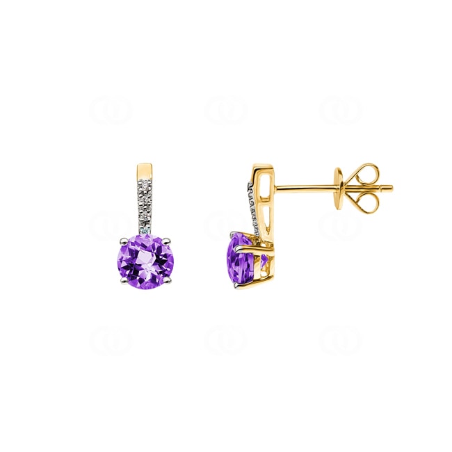 Stud Earrings 750/18 K Yellow Gold with round Amethyst and Diamonds 0.02 ct H/si - OR-48522-AME-GG