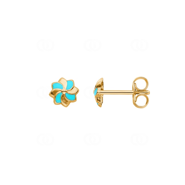 Ohrstecker 750/18 K Gelbgold Blume mit blauem Lack - 8030