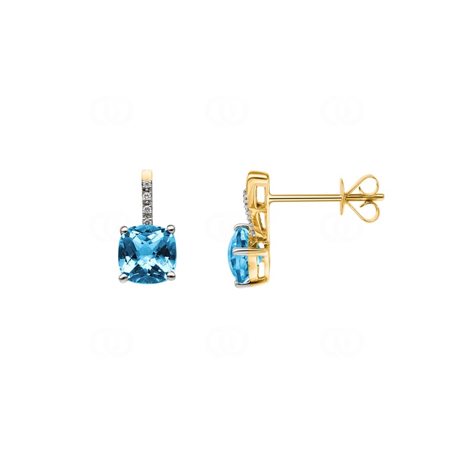 Clous d'oreilles or jaune 750/18 ct avec topaze bleue coussin et diamants 0.02 ct H/si Clous d'oreilles or jaune 750/18 ct avec topaze bleue coussin et diamants 0.02 ct H/si - OR-48526-TOP-GG