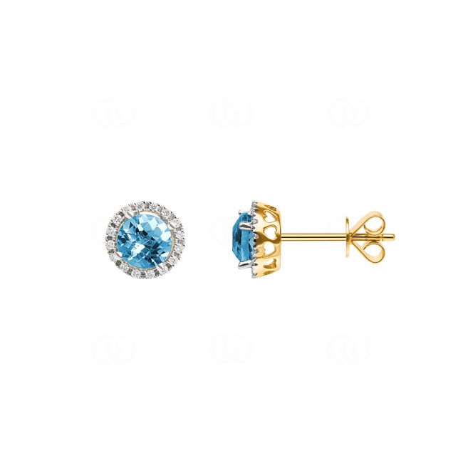 Ohrstecker 750/18 K Gelbgold mit Blautopas rund und Diamanten 0.09 ct H/si - OR-47232-TOP-GG