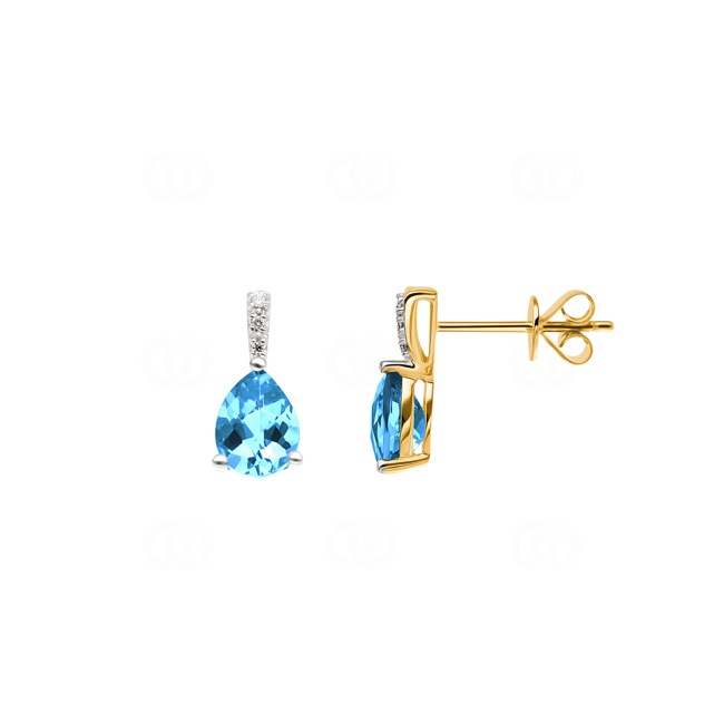 Clous d'oreilles or jaune 750/18 ct avec topaze bleue poire et diamants 0.02 ct H/si - OR-48518-TOP-GG