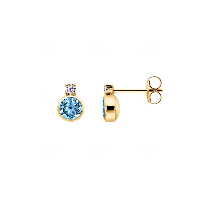 Stud Earrings 750/18 K Yellow Gold with Blue Topaz and Cubic Zirconia - 188221.7TOG