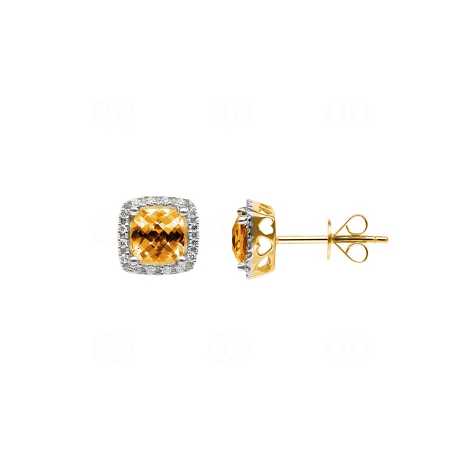 Clous d'oreilles or jaune 750/18 ct avec citrine coussin et diamants 0.10 ct H/si - OR-47242-CIT-GG