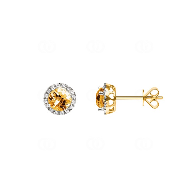 Ohrstecker 750/18 K Gelbgold mit Citrin rund und Diamanten 0.09 ct H/si - OR-47232-CIT-GG