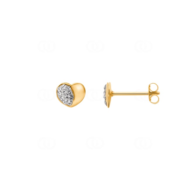 Stud Earrings 750/18 K Yellow Gold Heart with Glass Stones - 8563