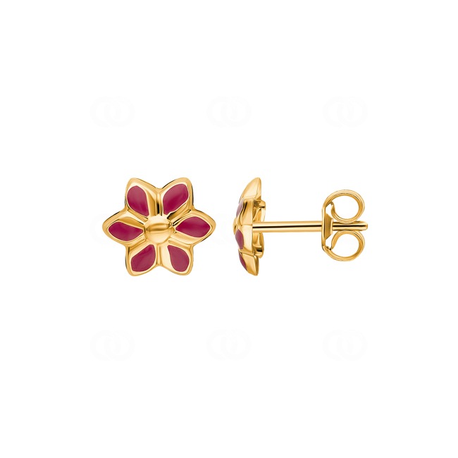 Clous d'oreilles or jaune 750/18 ct Fleur avec laque - 8023