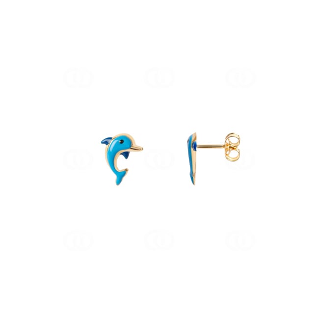 Stud Earrings 750/18 K Yellow Gold Dolphin with Lacquer - 603.10