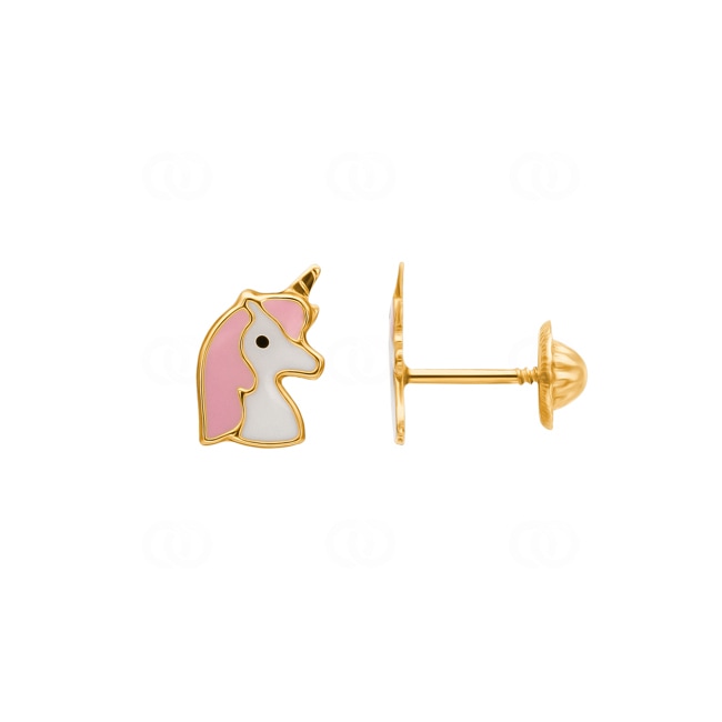 Stud Earrings 750/18 K Yellow Gold Unicorn with Lacquer - 8573V