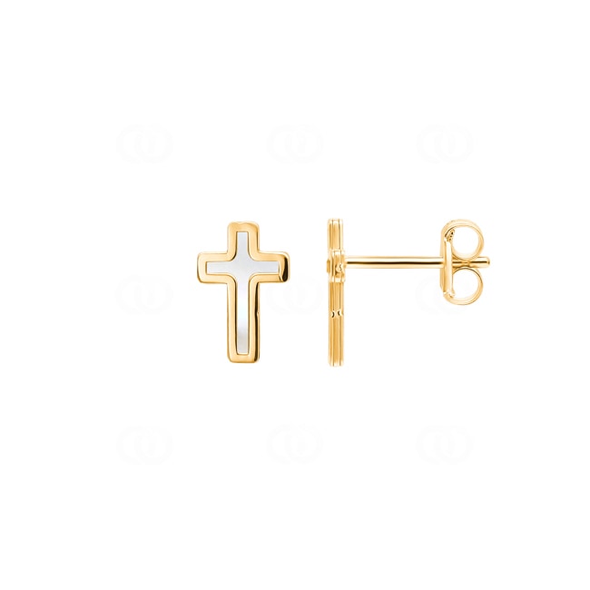 Stud Earrings 750/18 K Yellow Gold with Mother of Pearl, Cross - 148591.6NC
