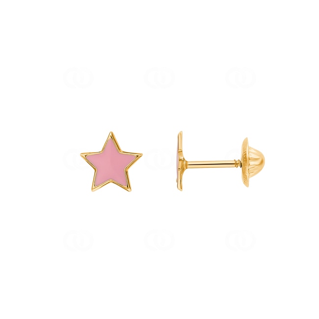 Stud Earrings 750/18 K Yellow Gold Star with pink Lacquer - 8567.2V