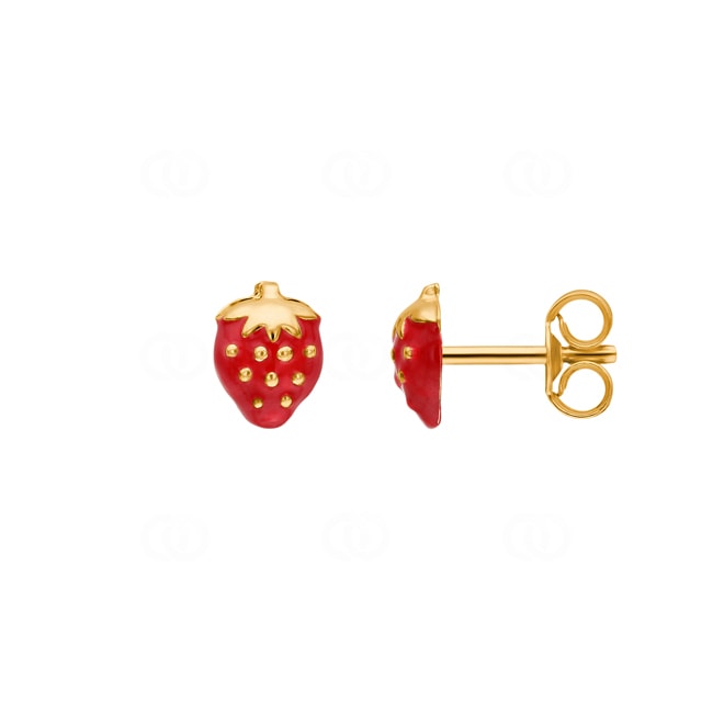Stud Earrings 750/18 K Yellow Gold Strawberries with red Lacquer - 8024