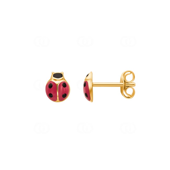 Stud Earrings 750/18 K Yellow Gold Ladybird with red Lacquer - 8344.3