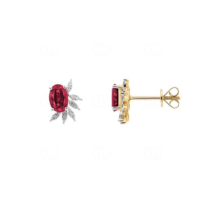Clous d'oreilles or jaune 750/18 ct avec rubis ovale & diamants 0.08 ct H/si - OR-73485-RUB-GG