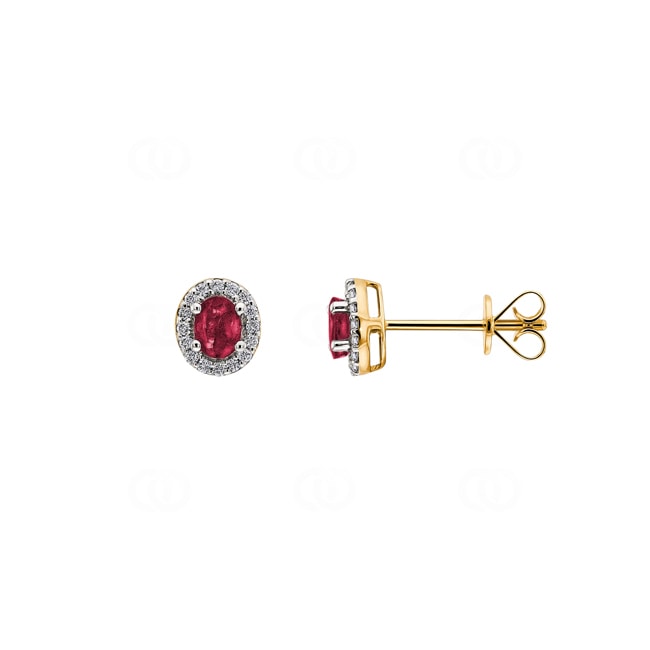 Stud Earrings 750/18 K Yellow Gold with oval Ruby & Diamonds 0.09 ct H/si - OR-46629-RUB-GG