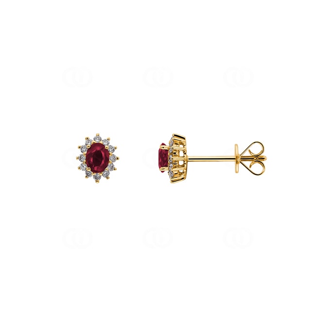 Stud Earrings 750/18 K Yellow Gold with oval Ruby & Diamonds 0.15 ct H/si - OR-13311-RUB-GG