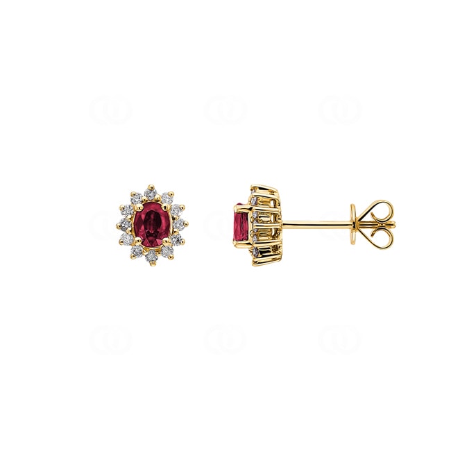 Clous d'oreilles or jaune 750/18 ct avec rubis ovale & diamants 0.19 ct H/si - OR-37044-RUB-GG
