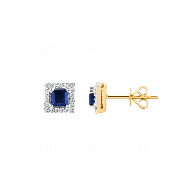 Clous d'oreilles or jaune 750/18 ct avec saphir carrée et diamants 0.12 ct H/si - OR-46608-SAF-GG