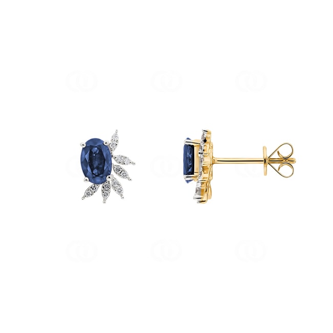 Clous d'oreilles or jaune 750/18 ct avec saphir ovale & diamants 0.08 ct H/si - OR-73485-SAF-GG