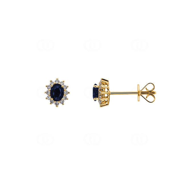 Clous d'oreilles or jaune 750/18 ct avec saphir ovale & diamants 0.15 ct H/si - OR-13311-SAF-GG