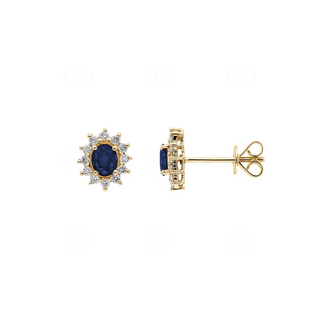 Clous d'oreilles or jaune 750/18 ct avec saphir ovale & diamants 0.23 ct H/si - OR-16879-SAF-GG