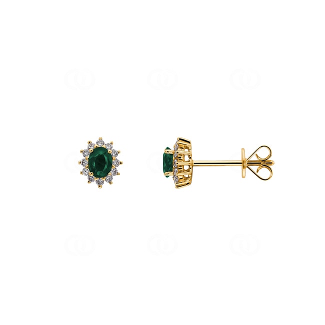 Stud Earrings 750/18 K Yellow Gold with oval Emerald & Diamonds 0.15 ct H/si - OR-13311-SMA-GG