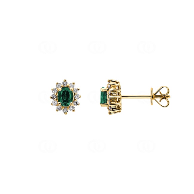 Clous d'oreilles or jaune 750/18 ct avec émeraude ovale & diamants 0.19 ct H/si - OR-37044-SMA-GG