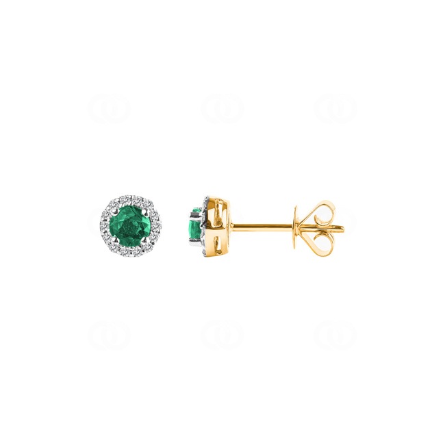Stud Earrings 750/18 K Yellow Gold with round Emerald and Diamonds 0.08 ct H/si - OR-46605-SMA-GG
