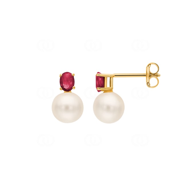 Stud Earrings 750/18 K Yellow Gold with Freshwater Pearls and Rubies - 134501.6R